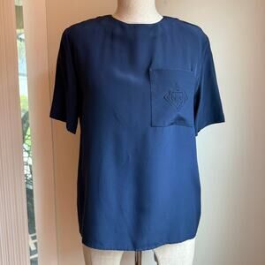 Talbots Petites Silk Blouse – Navy Blue Short Sleeve Size 6